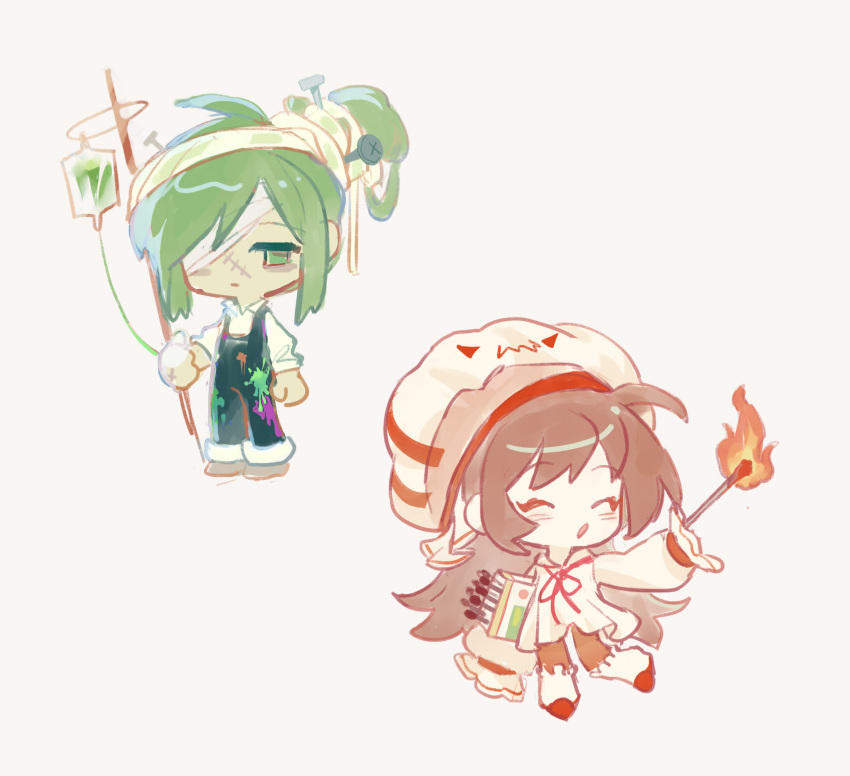 1boy 1girl as-zero bandaged_head bandages blue_overalls blush brown_hair chibi closed_eyes closed_mouth collared_shirt enkephalin_(project_moon) fire green_hair hat highres intravenous_drip library_of_ruina long_hair long_sleeves malkuth_(project_moon) matches netzach_(project_moon) open_mouth overalls project_moon shirt simple_background very_long_hair white_background white_headwear white_shirt