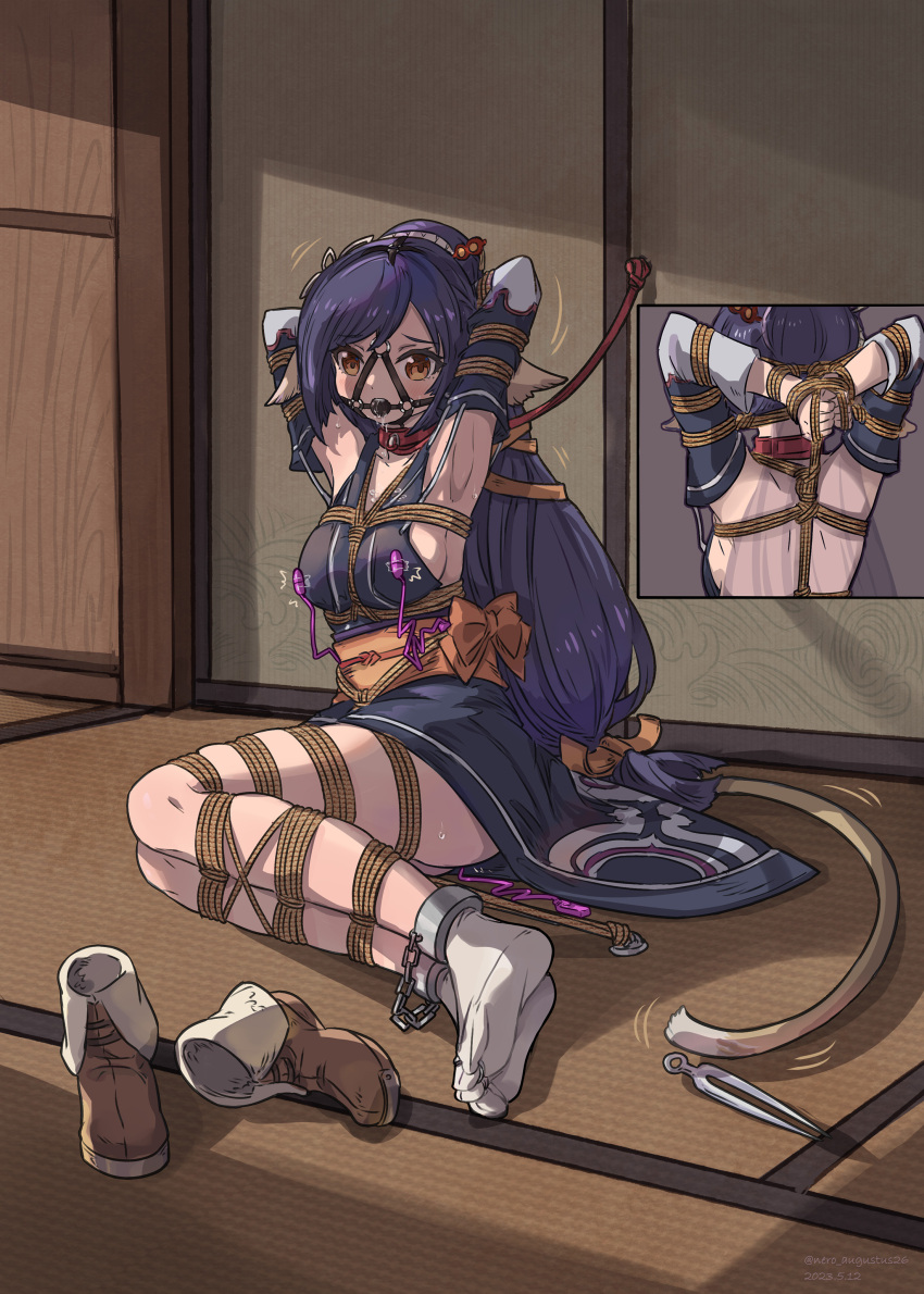 1girl absurdres animal_ears armpits arms_behind_head arms_up ball_gag bdsm black_hair bondage bound bound_arms bound_legs breasts commission cuffs full_body gag highres indoors kuon_(utawarerumono) long_hair low-tied_long_hair medium_breasts nero_augustus restrained rope sash second-party_source shackles shibari shibari_over_clothes shoes shoes_removed socks solo sweat tabi tail utawarerumono utawarerumono:_itsuwari_no_kamen white_socks