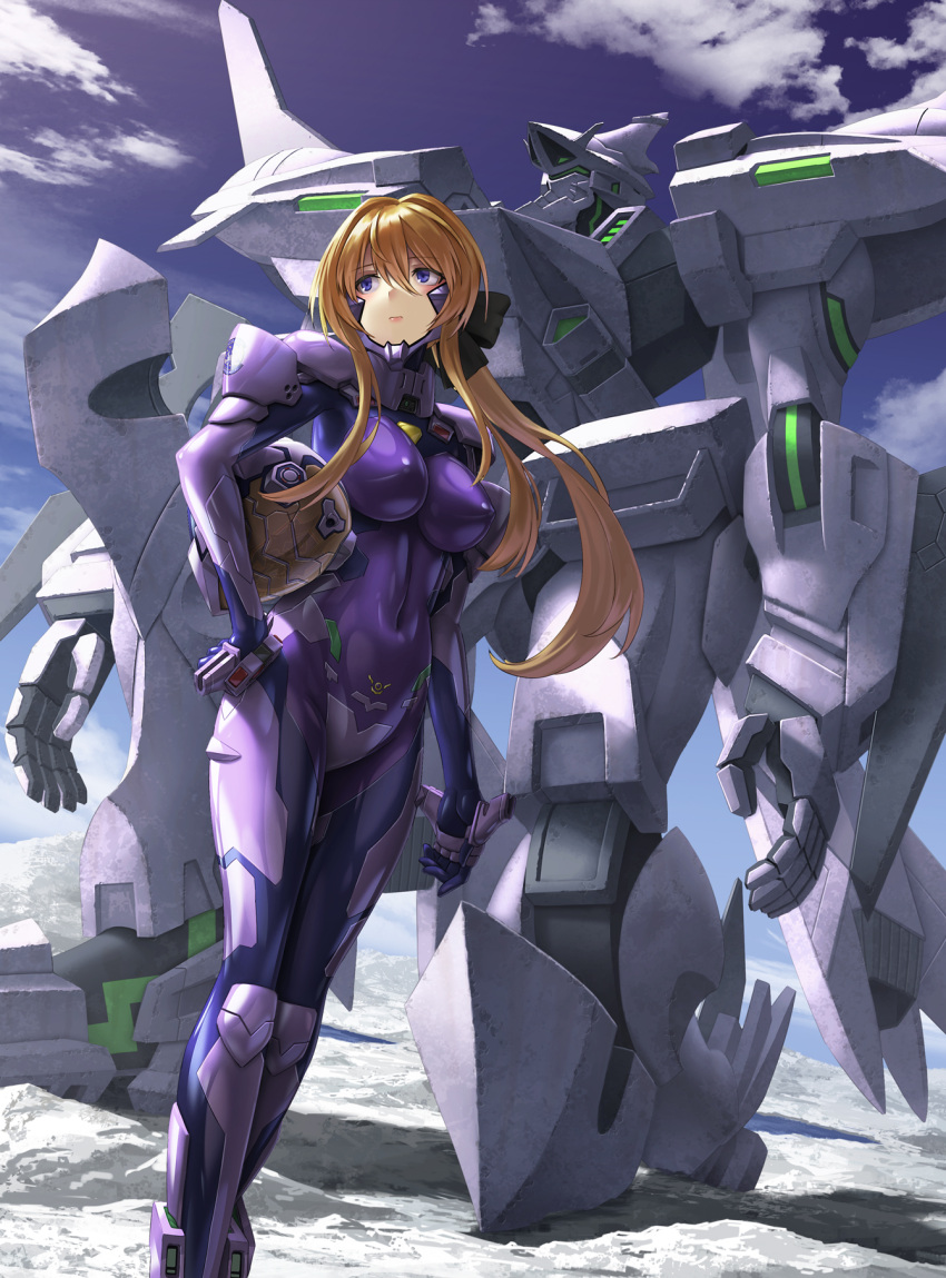 1girl armored_bodysuit blonde_hair blue_eyes bodysuit character_request cloud cloudy_sky commentary_request covered_navel covered_nipples fortified_suit hair_intakes hair_ribbon headgear headwear_removed helmet helmet_removed highres holding holding_helmet impossible_bodysuit impossible_clothes kneeling kurione_(zassou) long_hair mecha muv-luv muv-luv_alternative purple_bodysuit ribbon robot shiny_clothes skin_tight sky solo standing