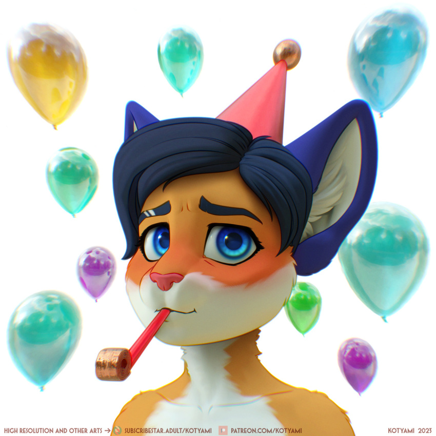 1:1 2023 accessory anthro balloon birthday birthday_hat blue_eyes bottomwear clothing colored congratulations digital_media_(artwork) domestic_cat english_text felid feline felis fur hair hat hat_only headgear headgear_only headwear headwear_only hi_res inflatable kotyami kotyami_(kotyami) male mammal mostly_nude party_horn shaded solo text url whistle whistle_(object) whistle_in_mouth
