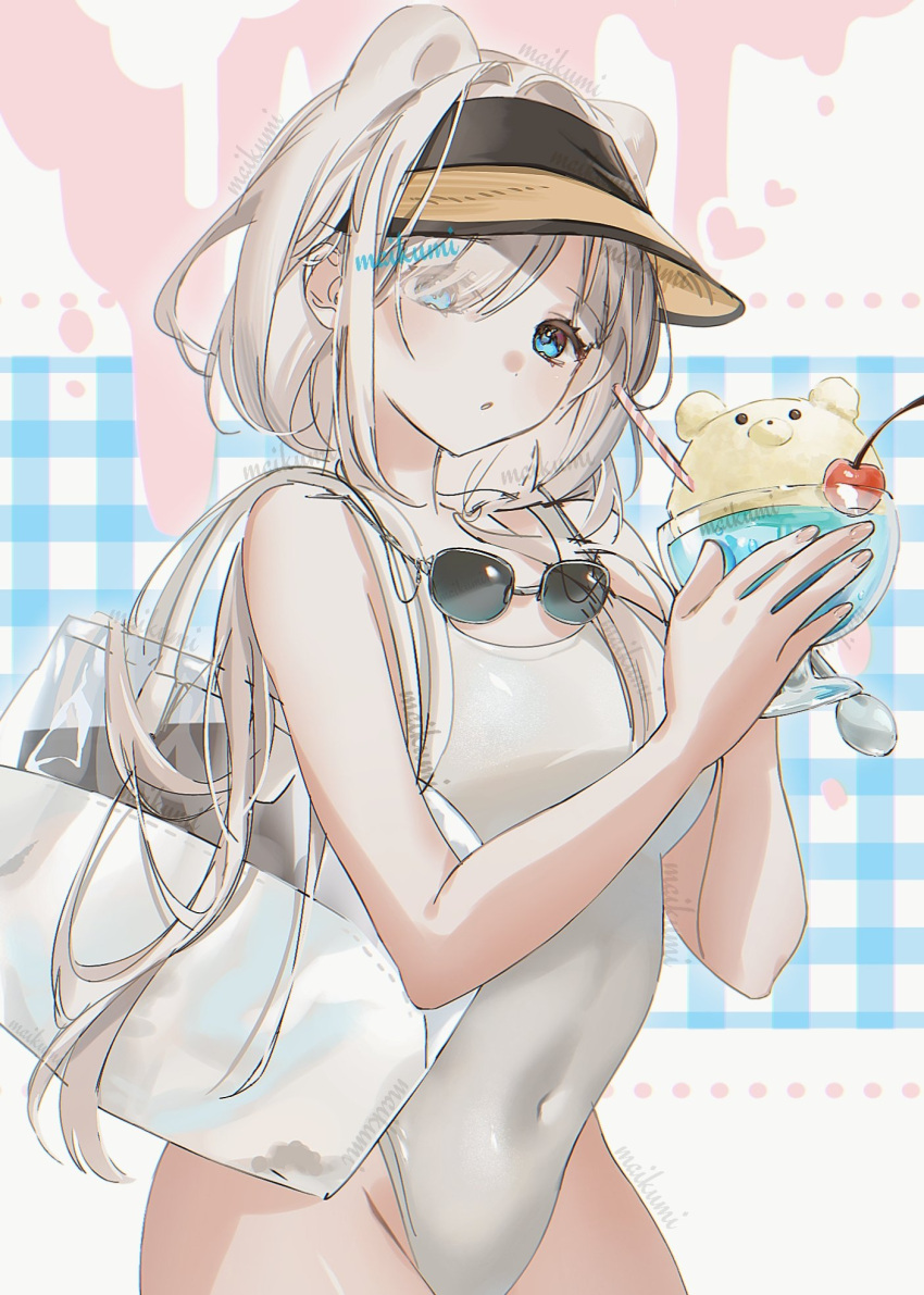 1girl :o alternate_costume animal_ears arknights aurora_(arknights) bag bear_ears bear_girl blue_background blue_eyes breasts cherry commentary cowboy_shot cup drinking_straw eyewear_around_neck food fruit highleg highleg_swimsuit highres holding holding_food ice_cream long_hair maikumi medium_breasts multicolored_background one-piece_swimsuit pink_background plaid plaid_background signature solo spoon sunglasses swimsuit visor_cap white_background white_bag white_hair white_swimsuit