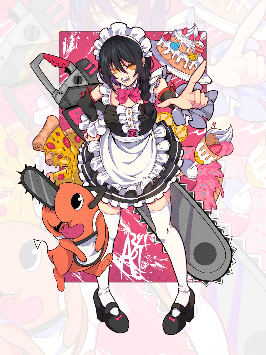 absurdres apron artist_name aryi077 black_footwear black_hair bow bowtie breasts cake chainsaw chainsaw_man chocolate colored_skin cup detached_sleeves drinking_straw fangs food frills fruit hair_between_eyes high_heels highres long_hair looking_at_viewer low-tied_long_hair maid_apron maid_headdress nayuta_(chainsaw_man) open_mouth orange_eyes orange_skin pink_background pink_bow pink_bowtie pizza pochita_(chainsaw_man) pointing ringed_eyes strawberry teeth thighhighs tongue tongue_out white_thighhighs zoom_layer