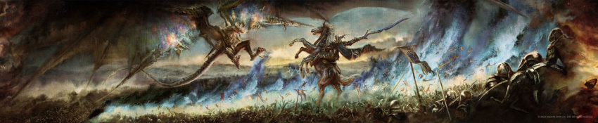 absurdres armor army bahamut_(final_fantasy) battle blue_fire cape final_fantasy final_fantasy_xvi fire flag flying highres horse key_visual midair odin_(final_fantasy) official_art promotional_art riding sword war weapon wide_image wings
