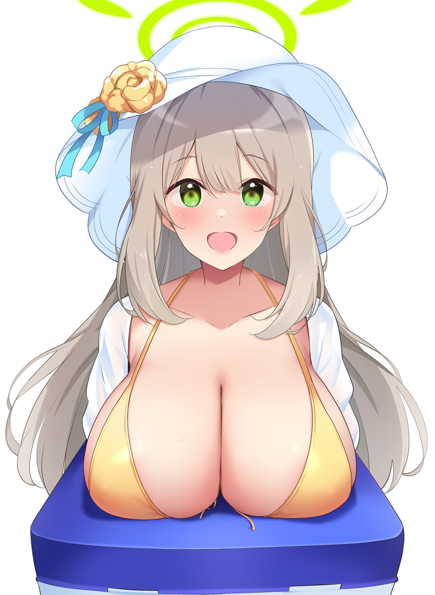 1girl :d bikini blue_archive breast_rest breasts brown_hair collarbone green_eyes green_halo halo hat highres large_breasts long_hair looking_at_viewer nonomi_(blue_archive) nonomi_(swimsuit)_(blue_archive) official_alternate_costume open_mouth rokushou_kokuu smile solo swimsuit upper_body white_headwear yellow_bikini