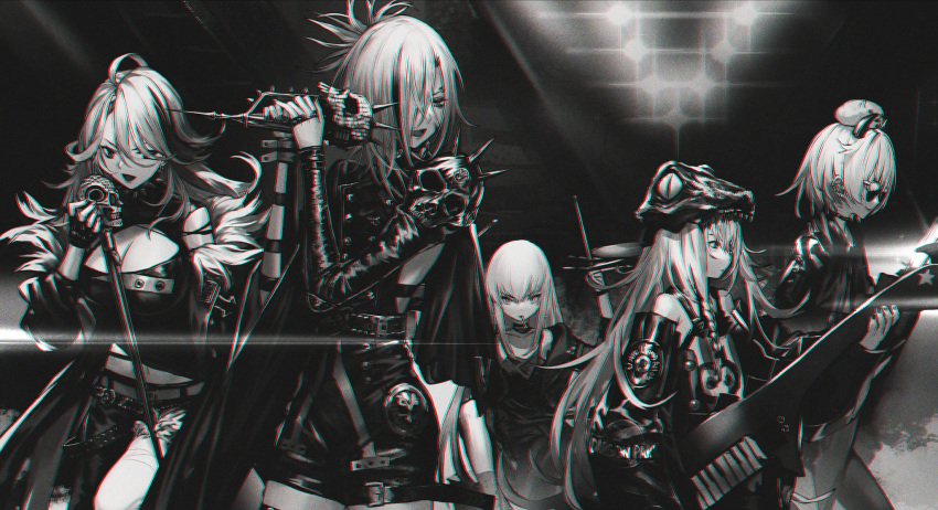 5girls ahoge animal_costume animal_on_head breasts choker chromatic_aberration cleavage_cutout closed_mouth clothing_cutout detached_sleeves dragon_costume drumsticks fingerless_gloves floodlights g11_(dragon_jr.)_(girls'_frontline) g11_(girls'_frontline) girls'_frontline gloves greyscale hair_between_eyes hair_over_one_eye highres holding holding_drumsticks holding_instrument holding_microphone horns infukun instrument jacket keytar large_breasts light logo_parody long_sleeves looking_at_viewer looking_to_the_side m1887_(girls'_frontline) m1887_(law_of_exorcism)_(girls'_frontline) m1897_(electric_witch)_(girls'_frontline) m1897_(girls'_frontline) mg5_(girls'_frontline) mg5_(knight_of_calamity)_(girls'_frontline) microphone microphone_stand midriff monochrome mouth_hold multicolored_hair multiple_girls navel official_alternate_costume official_art on_head open_mouth punk rocker-chic short_hair shorts skull_ornament sleeveless spiked_choker spikes streaked_hair studded_choker sunglasses type_80_(girls'_frontline) type_80_(steel_butterfly)_(girls'_frontline)