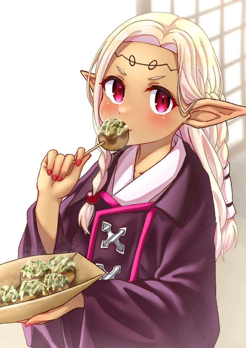 1girl blonde_hair dark-skinned_female dark_skin eating edomae_elf elf food highres holding holding_food long_hair minori_13101 nail_polish pink_eyes pointy_ears solo takoyaki yordeilla_lila_fenomenea