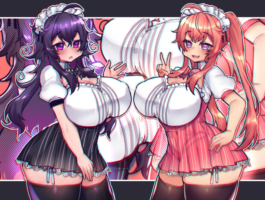 2girls absurdres ahoge black_skirt black_thighhighs breasts cleavage crawling_dreams creator_connection curvy heart heart-shaped_pupils highres kireina_(osiimi) large_breasts long_hair maid maid_headdress multiple_girls nyarla_(osiimi) orange_hair original osiimi pink_skirt purple_eyes purple_hair skirt symbol-shaped_pupils thick_thighs thighhighs thighs twintails v zoom_layer