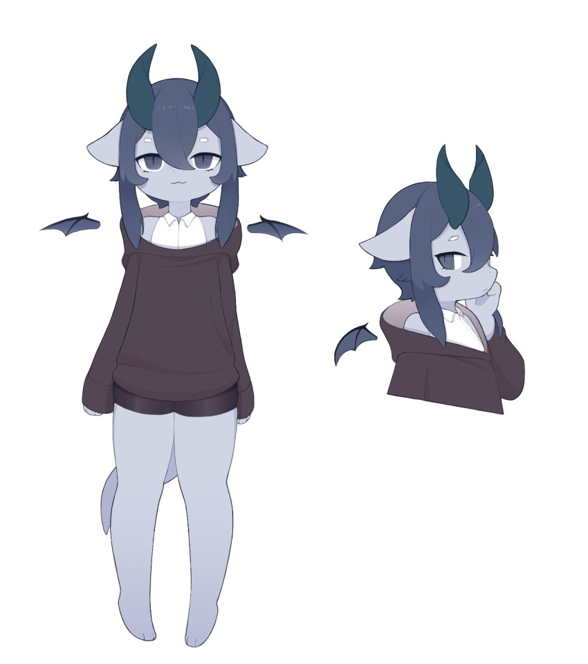 3_toes anthro bangs blue_body blue_eyes blue_hair blue_skin bottomwear clothing dragon eyebrows feet female flat_chested hair hi_res hoodie horn hotpants liteee shorts shoulderless_shirt small_wings smile smiling_at_viewer smirk smirking_at_viewer solo tail toes topwear vest white_eyebrows wings