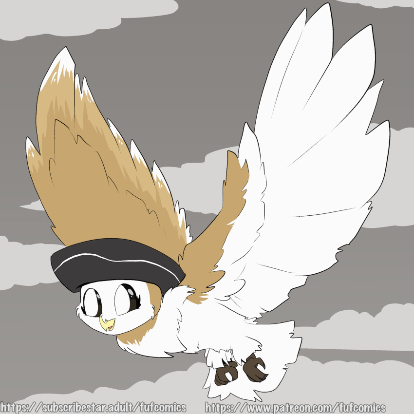 1:1 ambiguous_gender avian avian_feet beak big_wings biped bird black_sclera brown_body clothing countershade_face countershade_torso countershade_wings countershading day feathered_wings feathers feral flying fuf hat headgear headwear hi_res multicolored_body neck_tuft open_mouth open_smile outside owl smile solo tail_feathers talons tuft two_tone_body white_body white_eyes wings