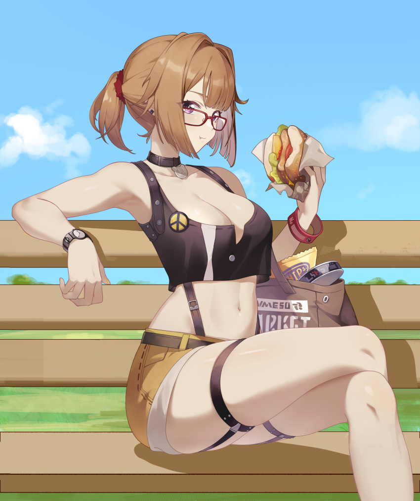 1girl :t absurdres bag bare_arms bare_legs bare_shoulders bench black_tank_top blue_sky breasts brown_hair burger cleavage cloud commentary_request commission crop_top day feet_out_of_frame food girls'_frontline glasses grizzly_mkv_(girls'_frontline) hand_up highres holding holding_food large_breasts looking_at_viewer midriff navel no.1_machine ponytail purple_eyes red-framed_eyewear second-party_source short_hair short_shorts shorts sitting sky solo stomach tank_top thigh_strap thighs watch wristwatch yellow_shorts