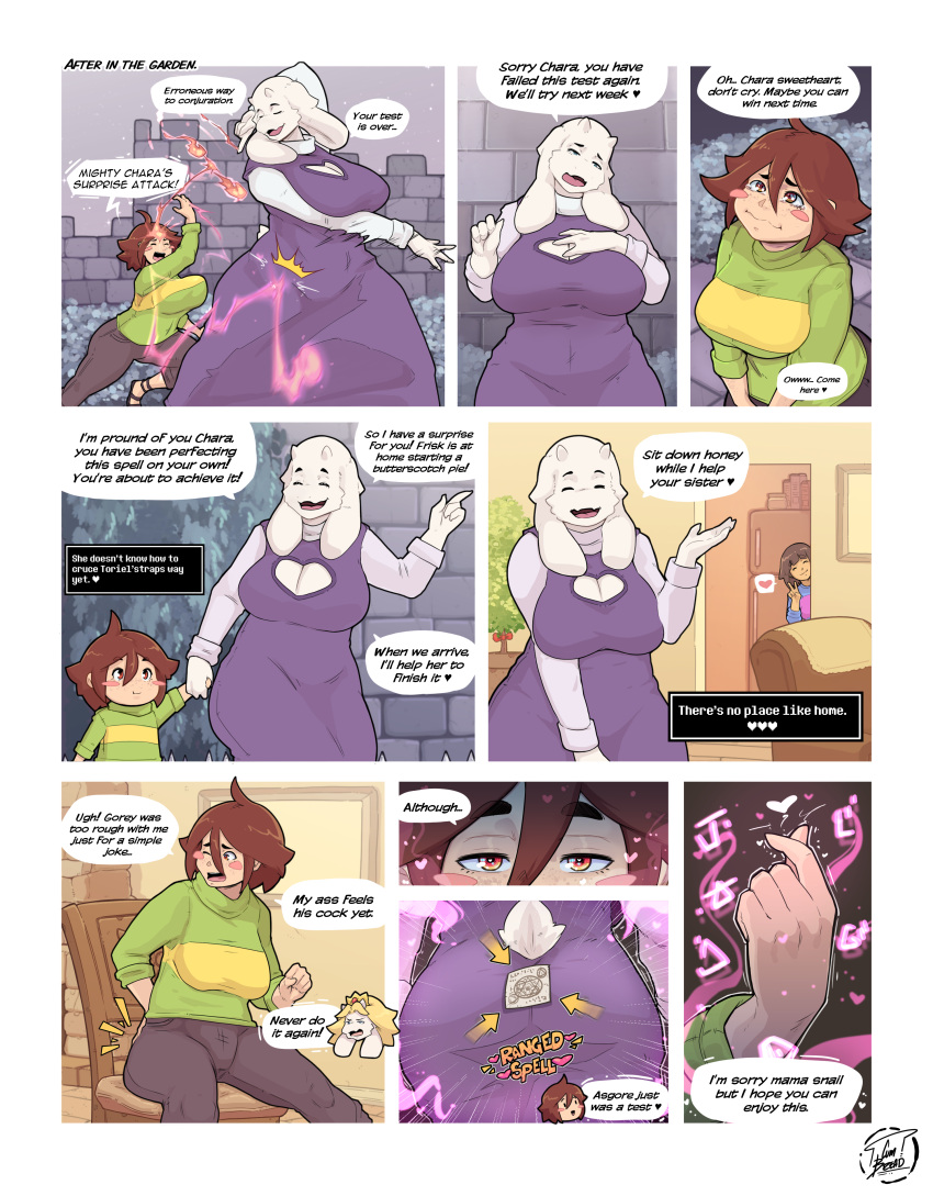 absurd_res anthro asgore_dreemurr big_breasts big_butt boss_monster bottomwear bovid breasts butt caprine chair chara_(undertale) cleavage cleavage_cutout clothed clothing cumbread dialogue dress duo eyes_closed female fur furniture goat hi_res horn human inside magic mammal mature_female pants sitting smile sore speech_bubble sweater topwear toriel undertale undertale_(series) white_body white_fur