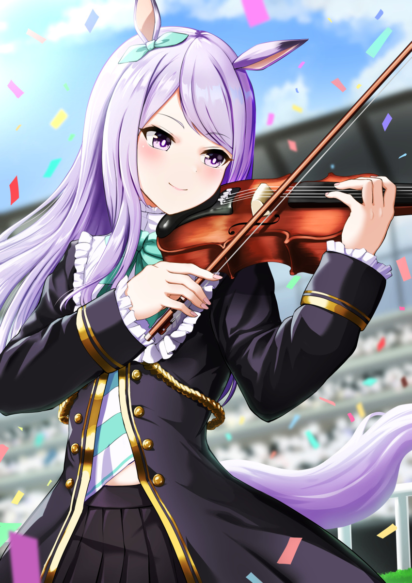 1girl animal_ears aqua_bow aqua_ribbon black_skirt blush bow confetti ear_covers ear_ribbon frilled_jacket frills highres holding holding_instrument horse_ears horse_girl horse_tail horseshoe_ornament instrument jacket long_hair mejiro_mcqueen_(umamusume) music playing_instrument purple_shirt ribbon shirt skirt smile solo stadium standing suzuki_(white-world) tail umamusume violin