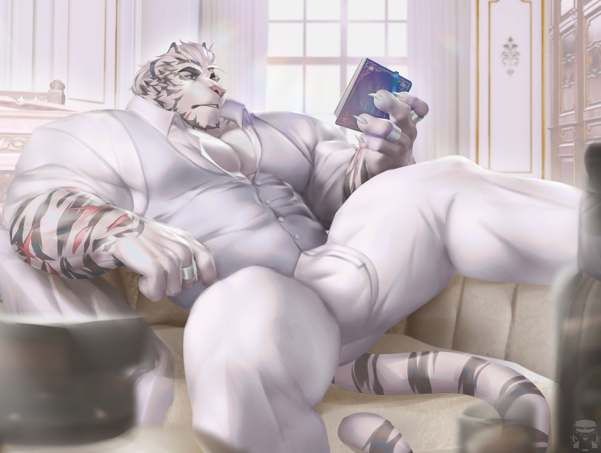 1boy animal_ears arknights bara blue_eyes book bozi_(17030417) bulge couch feet_out_of_frame furry furry_male high_ponytail highres holding holding_book jewelry large_bulge large_hands large_pectorals looking_ahead male_focus mountain_(arknights) mountain_(book_reader)_(arknights) muscular muscular_male on_couch pants pectoral_cleavage pectorals reading ring scar scar_across_eye scar_on_arm short_hair sitting sleeves_rolled_up solo spread_legs thick_thighs thighs tiger_boy tiger_ears white_fur white_hair