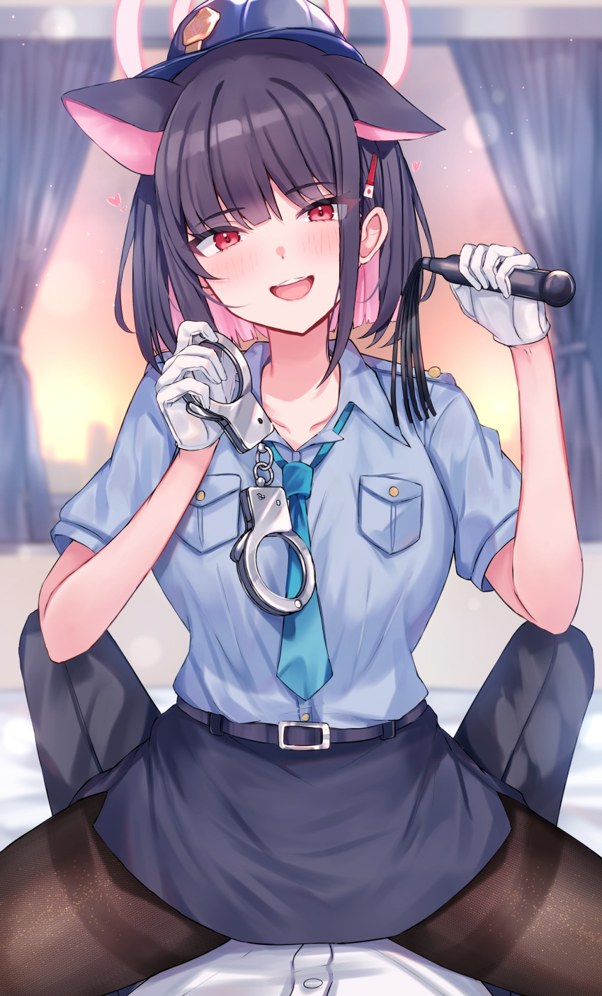 1girl 1other animal_ears black_hair black_pantyhose blue_archive blue_headwear blue_necktie blue_shirt blurry blurry_background blush cat_ears collared_shirt cuffs girl_on_top gloves hair_ornament hairclip halo heart highres indoors kazusa_(blue_archive) looking_at_viewer mi_taro333 necktie open_mouth pantyhose pink_halo police police_uniform policewoman red_eyes shackles shirt short_hair short_sleeves smile solo_focus thighband_pantyhose uniform white_gloves
