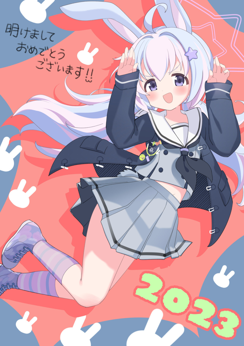 1girl 2023 :d ahoge animal_ears badge black_jacket black_neckerchief blue_archive blue_background blue_hair blush bow buttons chinese_zodiac commentary_request double-breasted floating_hair grey_serafuku grey_shirt grey_skirt hair_between_eyes hair_ornament hands_up highres jacket long_hair long_sleeves looking_at_viewer low_twintails midriff midriff_peek neckerchief new_year open_clothes open_jacket open_mouth pink_hair pleated_skirt purple_eyes purple_footwear purple_socks rabbit_ears rabbit_girl rabbit_pose rabbit_symbol rabbit_tail red_background reisa_(blue_archive) sailor_collar school_uniform serafuku shadow shirt shoes sidelocks simple_background skirt smile socks solo star_(symbol) star_hair_ornament sticker tail tareme translation_request twintails two-tone_background v-shaped_eyebrows white_sailor_collar year_of_the_rabbit yunosuke_kon