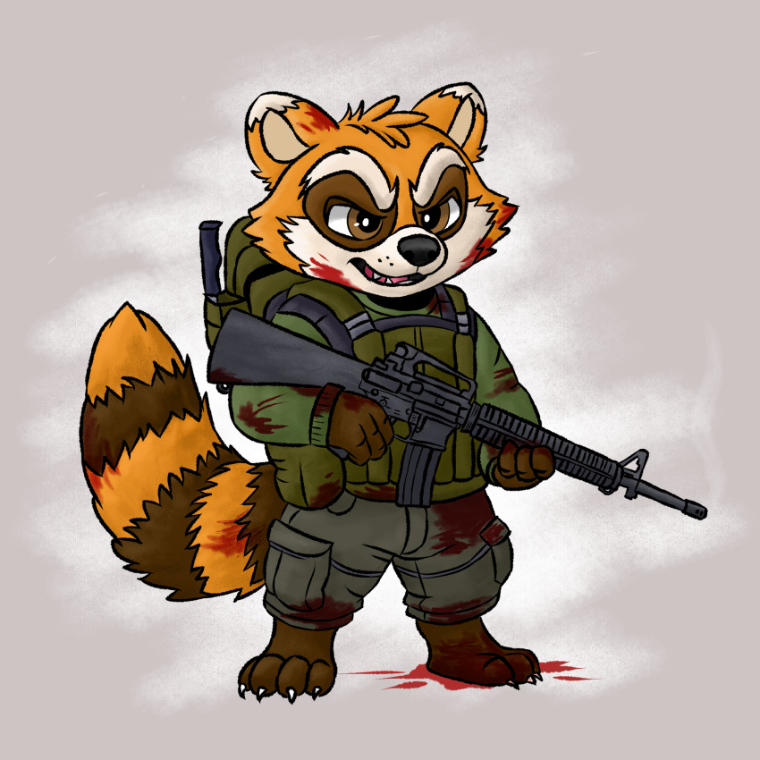 1:1 2023 anthro assault_rifle backpack barefoot blood blood_on_clothing blood_on_face blood_on_hand bodily_fluids bottomwear brown_eyes bulletproof_vest claws clothing feet fur gun hi_res m16 male mammal nettika orange_body orange_fur pants procyonid project_zomboid raccoon ranged_weapon rifle shaded smile smirk solo spiffo tail toe_claws toes weapon