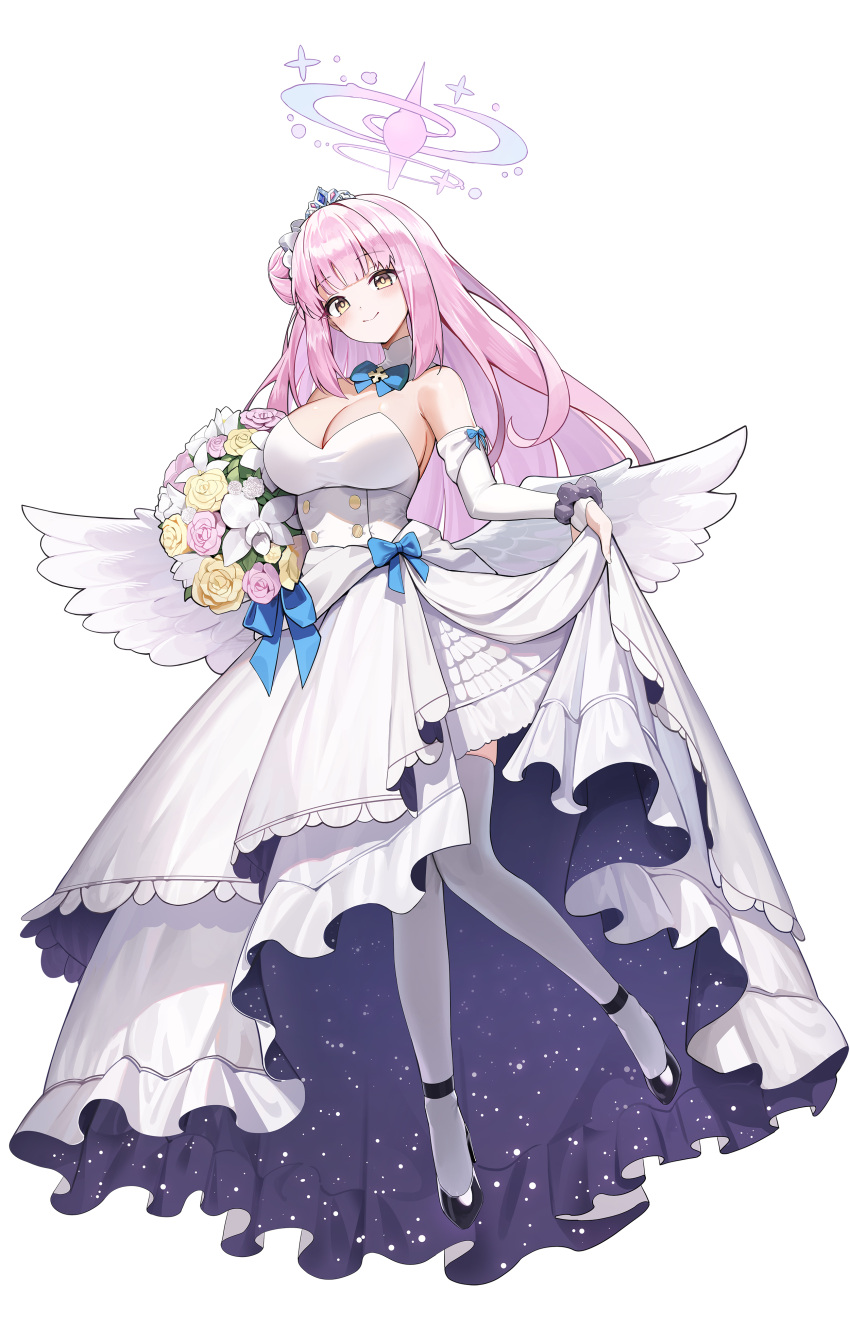 1girl absurdres blue_archive breasts cleavage closed_mouth dress full_body halo highres hutosutoro large_breasts long_hair looking_at_viewer mika_(blue_archive) pantyhose pink_hair white_dress white_pantyhose