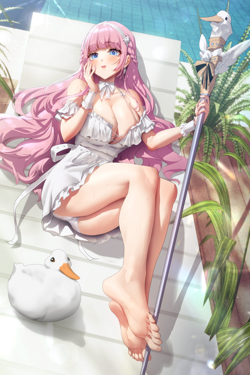 1girl absurdres bare_legs bare_shoulders barefoot blue_eyes breasts character_request copyright_request couch delta_(naval_flag) dress feet hair_ornament hairclip highres holding holding_staff legs long_hair muloli panties pink_hair pool poolside skirt smile solo staff toenails toes underwear white_dress white_panties