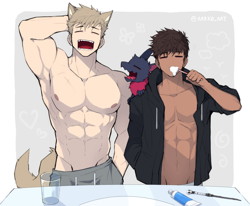 aark0 abs absurdres animal_ears bara black_hoodie blonde_hair border brown_hair brushing_teeth cat_ears cat_tail closed_eyes glass grey_background grey_pants highres hood hoodie muscular muscular_male nipples open_clothes open_hoodie open_mouth original pants pectorals pet sharp_teeth short_hair tail tan teeth tongue toothpaste twitter_username white_border yawning