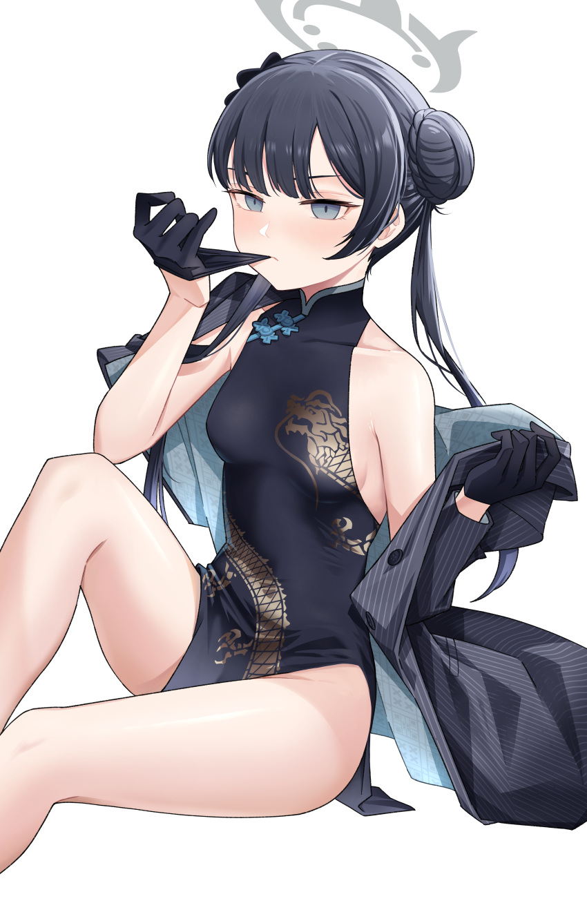 1girl absurdres bare_legs biting black_dress black_gloves black_hair blue_archive breasts china_dress chinese_clothes collarbone dragon_print dress expressionless glove_biting gloves grey_eyes hair_bun halo highres kisaki_(blue_archive) long_hair nuebunny pelvic_curtain print_dress side_slit simple_background sitting sleeveless small_breasts solo taut_clothes taut_dress thighs trench_coat twintails white_background