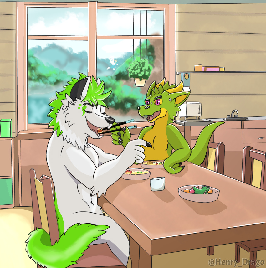 2023 absurd_res anthro canid canine canis colored derg_(character) digital_media_(artwork) dining_room dining_table dragon eating frankie_snow fur green_body green_fur green_scales henrydrago hi_res husband_and_husband male male/male mammal married_couple nude purple_eyes scales signature wolf