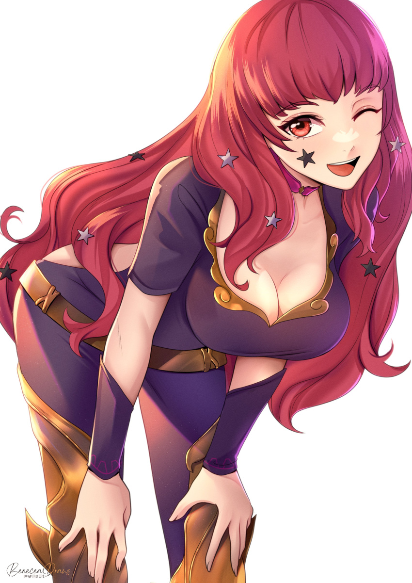 1girl absurdres black_bodysuit bodysuit breasts cleav facial_mark fire_emblem fire_emblem_engage hair_ornament hands_on_own_knees highres leaning_forward long_hair medium_breasts one_eye_closed open_mouth pixie_(pixieinktvis) red_eyes red_hair smile solo star_(symbol) star_facial_mark star_hair_ornament upper_body watermark wavy_hair white_background yunaka_(fire_emblem)