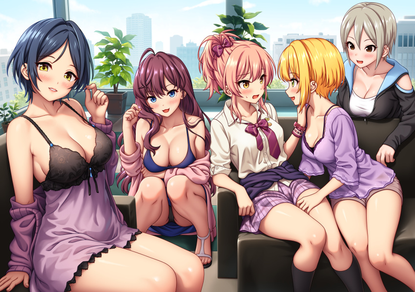 5girls :3 ahoge black_hair black_jacket blonde_hair blue_eyes blush bow bowtie breasts brown_hair cleavage collarbone couch day dress green_eyes grey_hair hair_between_eyes hair_bow hayami_kanade highres ichinose_shiki idolmaster idolmaster_cinderella_girls indoors jacket jougasaki_mika large_breasts lipps_(idolmaster) lips long_hair looking_at_viewer miyamoto_frederica multiple_girls nazu-na off_shoulder open_mouth panties parted_bangs parted_lips pink_hair plaid plaid_skirt plant ponytail potted_plant purple_bow purple_dress purple_skirt school_uniform shiomi_syuko shirt short_hair sitting skirt smile squatting striped striped_bow underwear wavy_hair white_shirt yellow_eyes