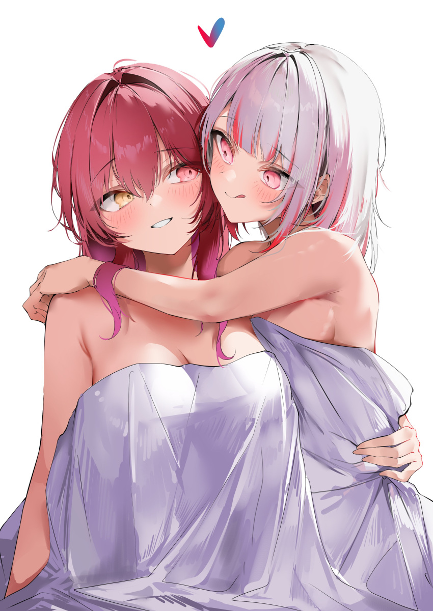 2girls absurdres afterglow arms_around_neck bed_sheet breasts gawr_gura heterochromia highres hololive hololive_english houshou_marine implied_after_sex long_hair looking_at_another multicolored_hair multiple_girls naked_sheet nude pepq red_eyes red_hair short_hair simple_background streaked_hair virtual_youtuber yellow_eyes yuri