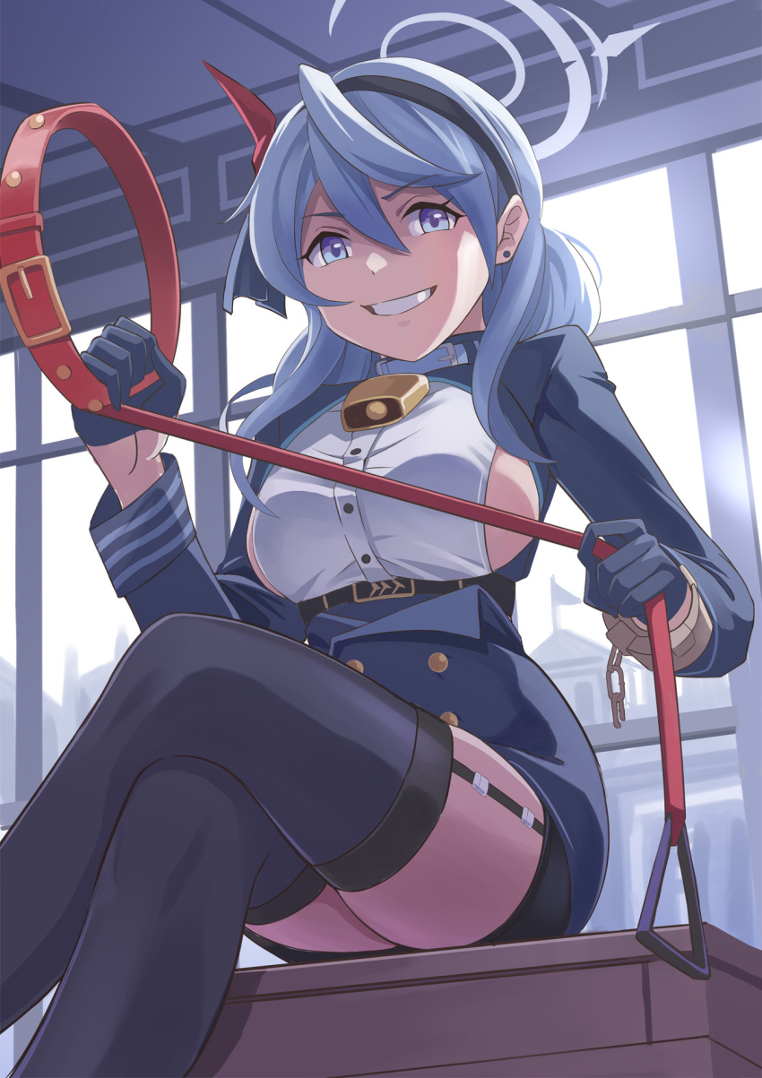 1girl ako_(blue_archive) bell black_gloves black_hairband black_thighhighs blue_archive blue_eyes blue_hair breasts buttons collar crossed_legs evil_grin evil_smile gloves grin hair_between_eyes hairband halo highres large_breasts long_hair long_sleeves neck_bell nikulas_cage sideboob smile solo thighhighs