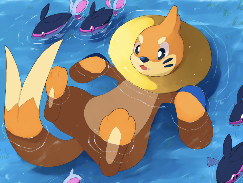 :d absurdres afloat black_eyes bright_pupils buizel commentary fangs finneon fish from_above highres kou11021301 no_humans open_mouth pokemon pokemon_(creature) ripples smile symbol-only_commentary water white_pupils