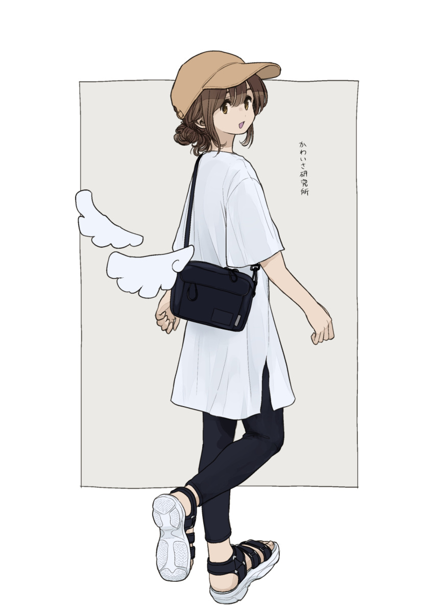 1girl absurdres azumaya_toushirou bag baseball_cap black_pants brown_hair detached_wings hair_bun hat highres looking_at_viewer original pants sandals shirt shoulder_bag simple_background walking white_shirt wings