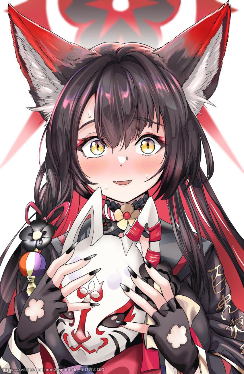 1girl akegata_tobari animal_ear_fluff animal_ears black_gloves black_hair black_kimono black_nails blue_archive blush colored_inner_hair fingerless_gloves fingernails fox_ears fox_girl fox_mask gloves halo highres holding holding_mask japanese_clothes kimono long_fingernails long_hair looking_at_viewer mask multicolored_hair red_hair solo upper_body wakamo_(blue_archive) yellow_eyes
