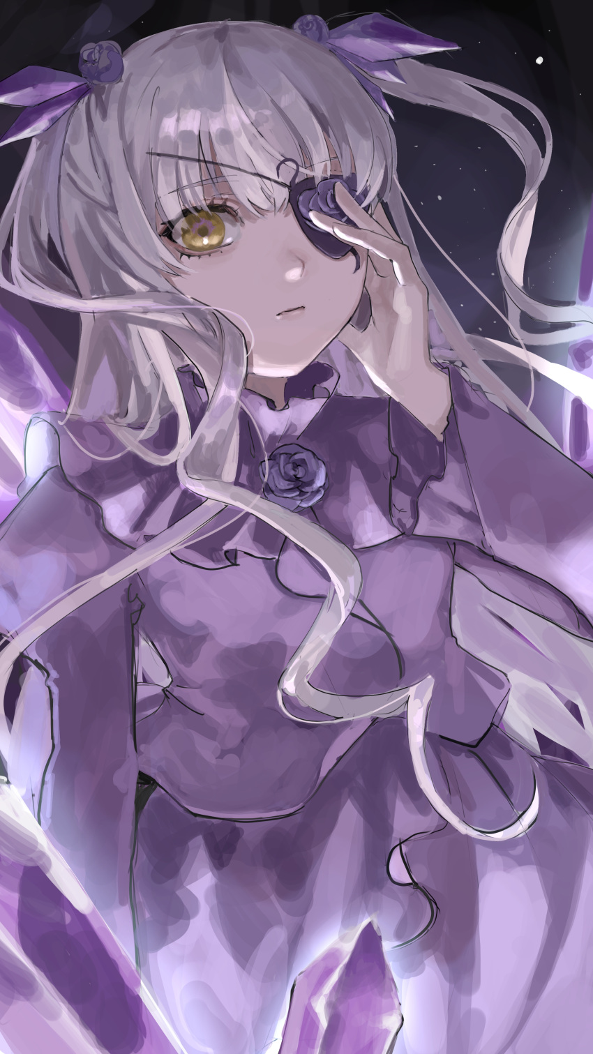 1girl absurdres aura barasuishou closed_mouth commentary_request cowboy_shot crystal expressionless flat_chest flower flower_eyepatch frilled_skirt frills gem grey_hair hair_between_eyes highres juliet_sleeves kani_samurai lolita_fashion long_bangs long_hair long_sleeves looking_at_viewer puffy_sleeves purple_flower purple_gemstone purple_rose purple_shirt purple_skirt rose rozen_maiden shirt skirt solo very_long_hair yellow_eyes