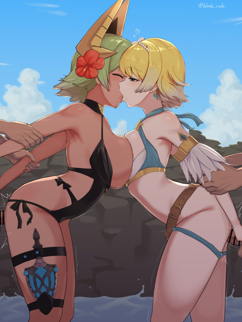 2boys 2girls aqua_bikini arm_grab arms_behind_back asymmetrical_docking bikini bisexual_female black_one-piece_swimsuit blade_ride blonde_hair blue_eyes blue_hair blue_sky blush breast_press breasts closed_eyes clothed_sex cloud commission dark-skinned_female dark_skin earrings feather_trim fire_emblem fire_emblem_heroes fjorm_(fire_emblem) fjorm_(summer)_(fire_emblem) flower gold_horns gradient_clothes gradient_hair green_hair hair_flower hair_ornament hibiscus highres jewelry kiss laegjarn_(fire_emblem) laegjarn_(summer)_(fire_emblem) large_breasts medium_breasts multicolored_hair multiple_boys multiple_girls official_alternate_costume one-piece_swimsuit orange_hair outdoors sex short_hair skeb_commission sky standing standing_sex swimsuit water