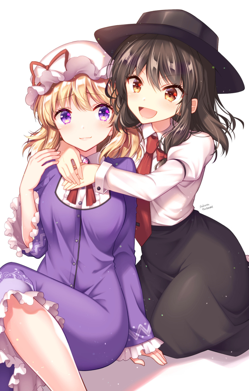 2girls black_headwear black_skirt blonde_hair blush breasts brown_hair buttons center_frills closed_mouth collared_shirt commentary dress eyelashes frilled_dress frilled_hat frilled_sleeves frills hand_on_another's_hand hat hat_ribbon highres hug hug_from_behind juliet_sleeves kneeling leg_up long_sleeves looking_at_another maribel_hearn medium_dress medium_hair medium_skirt mob_cap multiple_girls necktie open_mouth orange_eyes puffy_sleeves purple_brooch purple_dress purple_eyes raised_eyebrows red_necktie red_ribbon ribbon sakura_tsubame shadow shirt signature sitting skirt sleeve_garter smile touhou usami_renko v-shaped_eyebrows white_background white_headwear white_shirt wide_sleeves