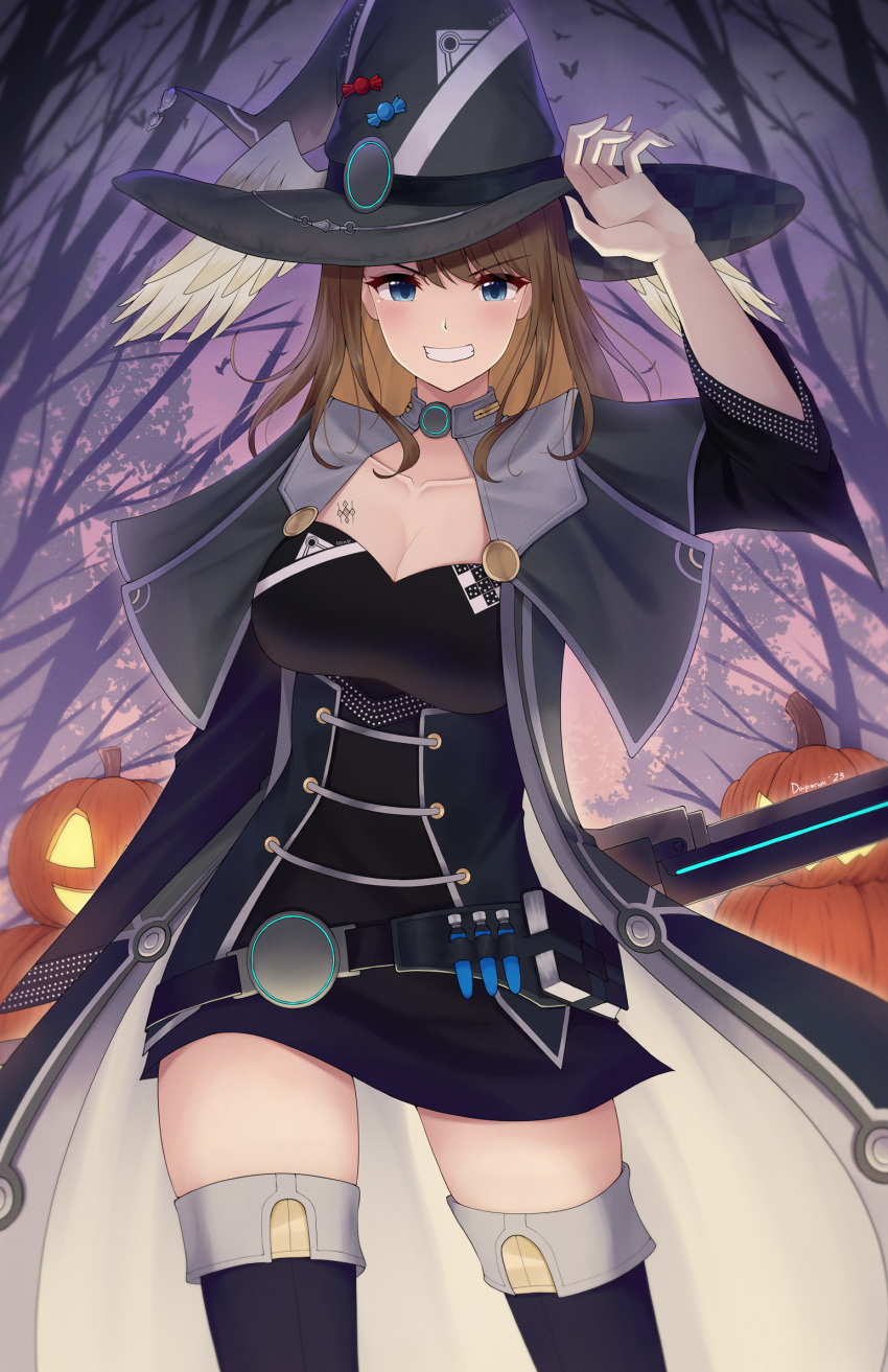 1girl alternate_costume black_dress black_headwear breasts brown_hair cleavage commentary doiparuni dress english_commentary eunie_(xenoblade) feathered_wings grin halloween halloween_costume hat head_wings highres jack-o'-lantern large_breasts looking_at_viewer pumpkin smile solo teeth tree white_wings wings witch witch_hat xenoblade_chronicles_(series) xenoblade_chronicles_3