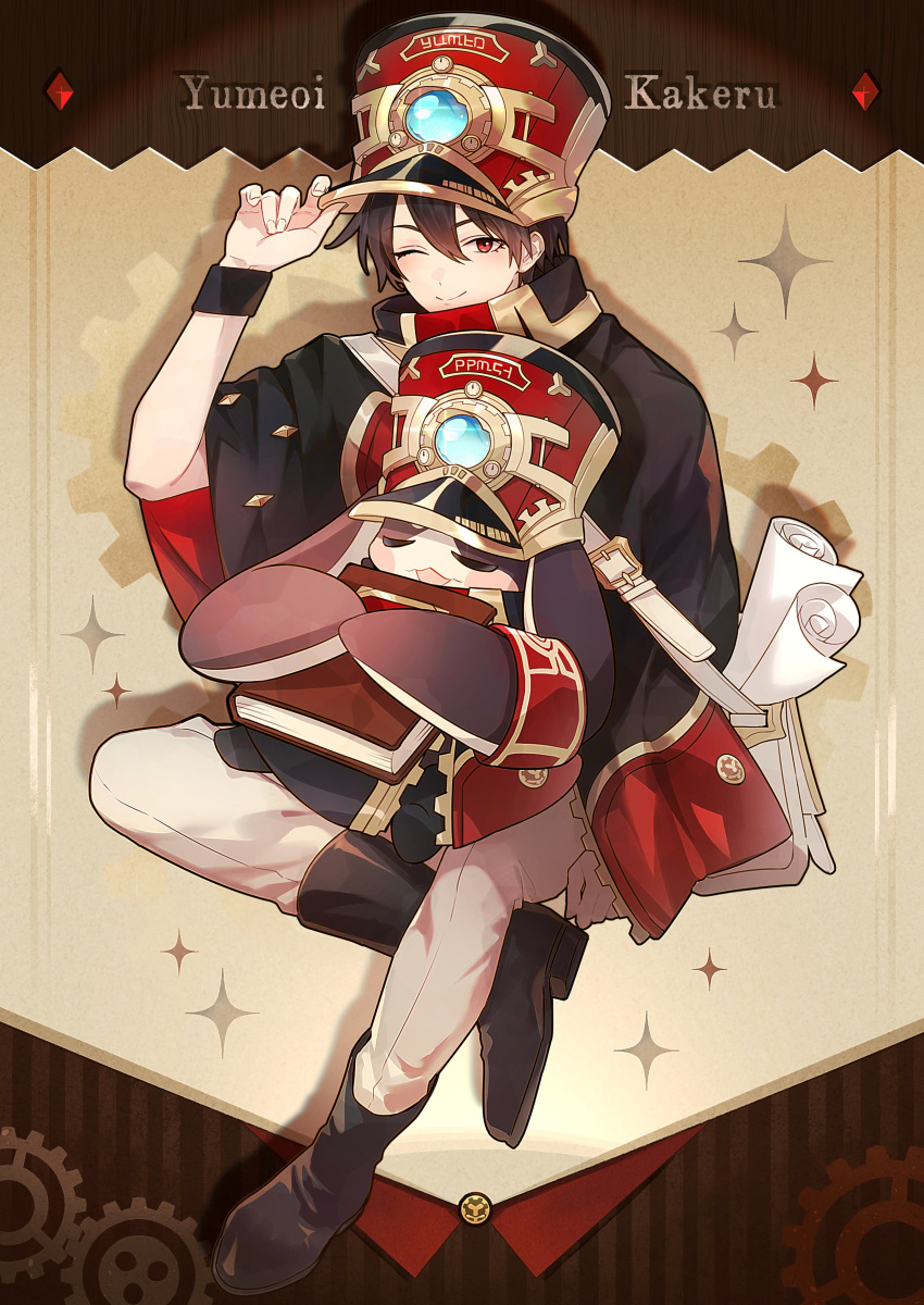 1boy absurdres adjusting_clothes adjusting_headwear bag black_footwear black_hair boots character_name hair_between_eyes hat highres honkai:_star_rail honkai_(series) iv_4t nijisanji one_eye_closed peaked_cap pom-pom_(honkai:_star_rail) red_eyes red_headwear rolled_up_paper short_hair shoulder_bag virtual_youtuber wristband yumeoi_kakeru