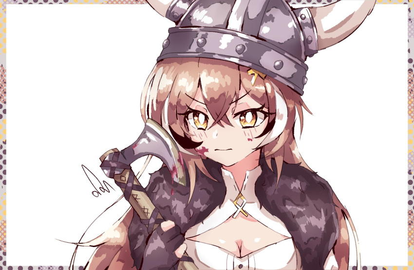 1girl axe brown_eyes brown_hair cleavage_cutout clothing_cutout crossed_bangs ddrawins fake_horns fur_trim furrowed_brow gloves hair_ornament hairclip helmet highres holding holding_axe hololive hololive_english horned_helmet horns long_hair multicolored_hair nanashi_mumei partially_fingerless_gloves serious shirt simple_background streaked_hair very_long_hair viking virtual_youtuber white_shirt