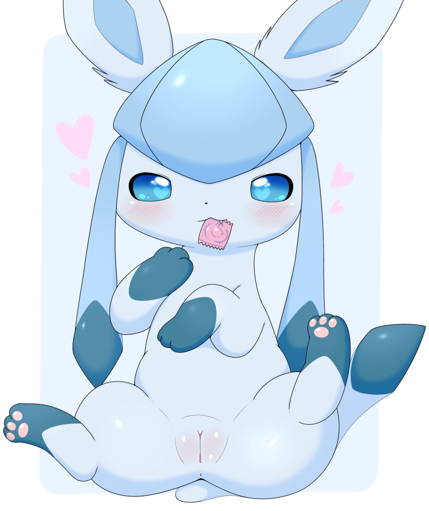 &lt;3 anus azuo blue_body blue_eyes blue_fur blush border condom condom_in_mouth eeveelution female feral fur generation_4_pokemon genitals glaceon hi_res legs_up nintendo object_in_mouth plump_labia pokemon pokemon_(species) pussy sexual_barrier_device simple_background solo white_border