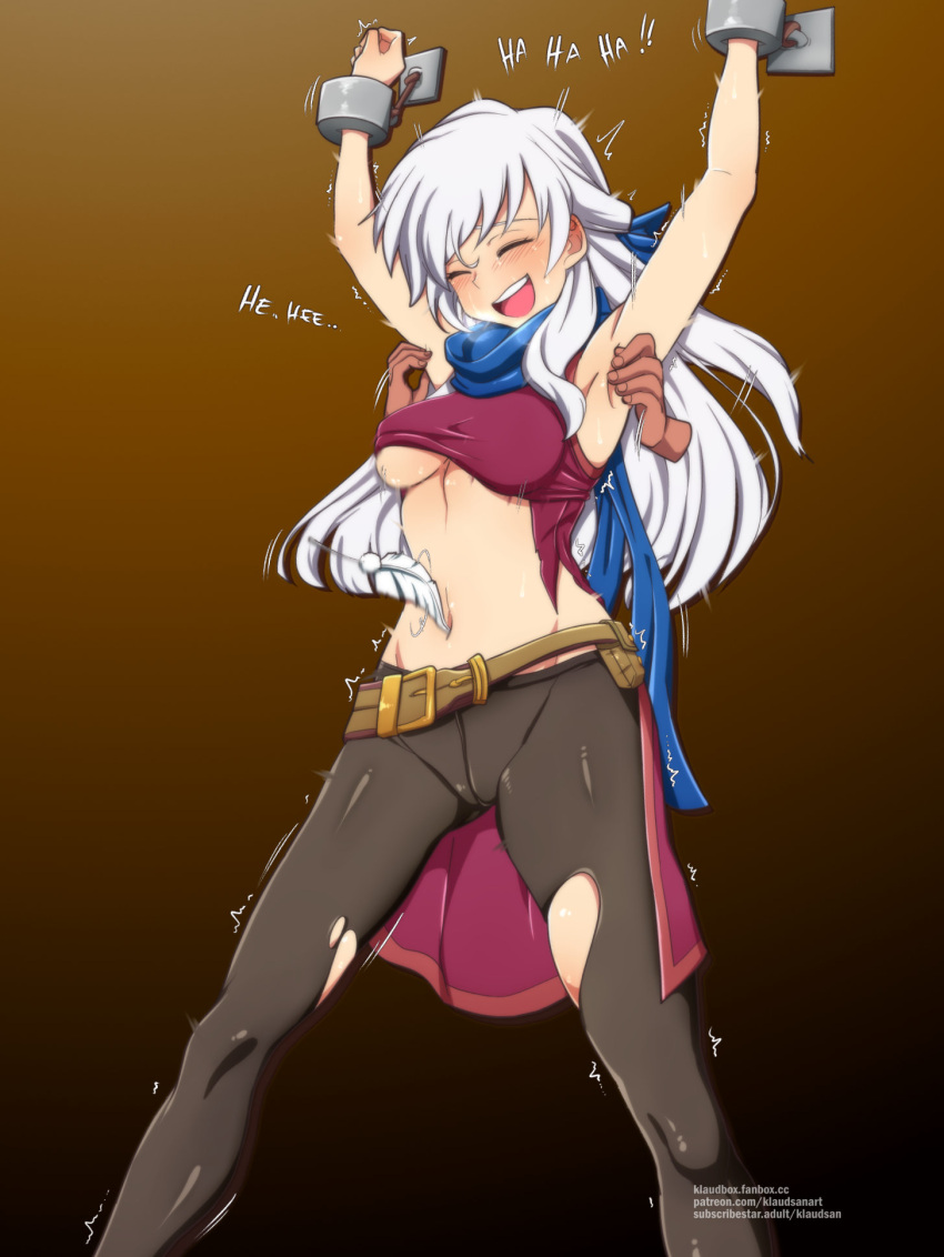 1girl armpit_tickling armpits arms_up bare_shoulders belt black_leggings blue_scarf blush bound bound_wrists breasts closed_eyes commission cowboy_shot disembodied_limb dress english_text feathers fire_emblem fire_emblem:_radiant_dawn gradient_background hair_ribbon half_updo heavy_breathing highres klaudsanart laughing leggings long_hair medium_breasts micaiah_(fire_emblem) navel open_mouth restrained ribbon scarf side_slit simple_background sleeveless sleeveless_dress smile solo_focus sweat tickle_torture tickling torn_clothes torn_dress torn_leggings trembling turtleneck_dress white_hair