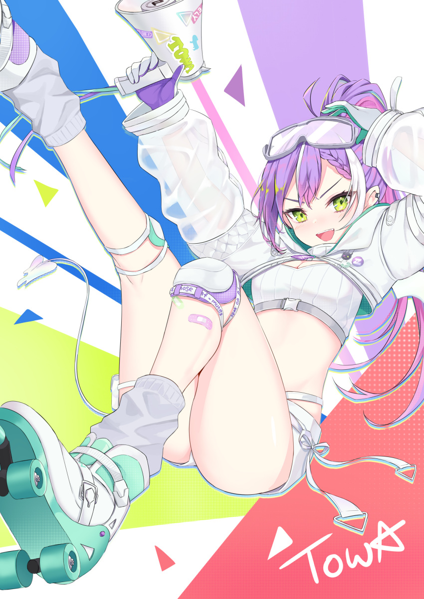 1girl absurdres bandaid bandaid_on_leg breasts colored_inner_hair demon_girl demon_tail ear_piercing gloves goggles goggles_on_head green_eyes highres holding holding_megaphone hololive jiejeat knee_pads long_hair long_sleeves looking_at_viewer loose_socks medium_breasts megaphone midriff multicolored_hair navel official_alternate_costume open_mouth piercing pink_hair pointy_ears ponytail purple_hair roller_skates see-through see-through_sleeves short_shorts shorts skates socks solo streaked_hair tail thighs tokoyami_towa tokoyami_towa_(5th_costume) virtual_youtuber white_gloves white_hair white_shorts