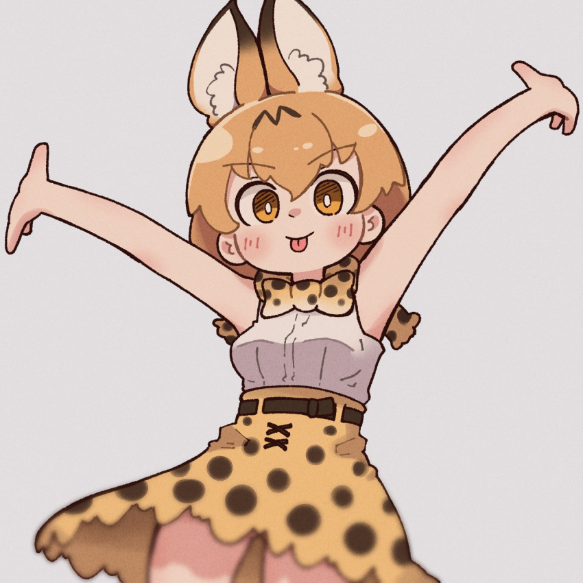 1girl :p animal_ears bare_shoulders blonde_hair blush bow bowtie cat_ears cat_girl cowboy_shot extra_ears hair_between_eyes high-waist_skirt highres kemono_friends no_gloves print_bow print_bowtie print_skirt serval_(kemono_friends) serval_print shirt short_hair sidelocks skirt sleeveless solo sorairo_meronpan tongue tongue_out white_shirt yellow_eyes