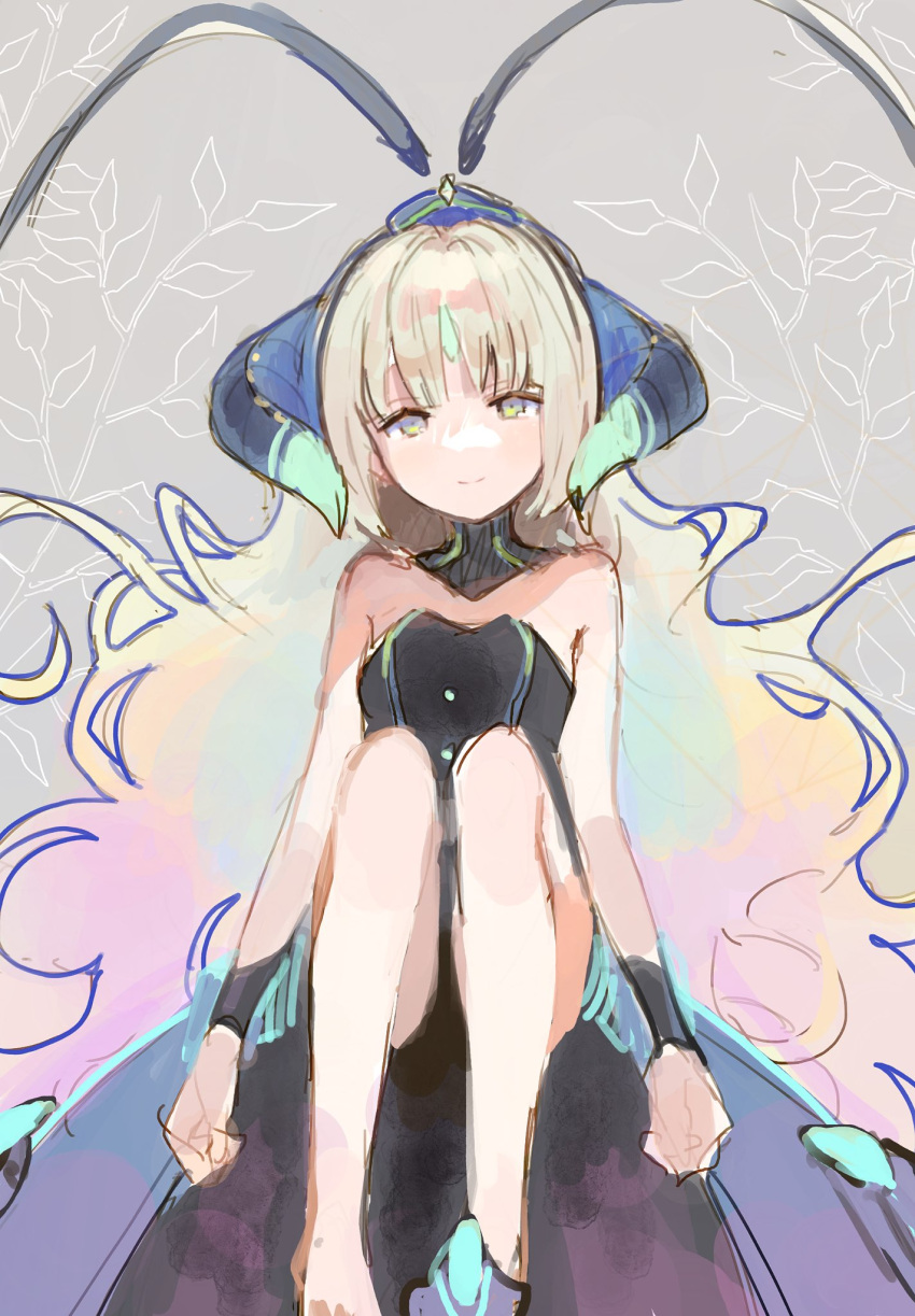 1girl antennae atelier_(series) atelier_escha_&amp;_logy bare_legs bare_shoulders blonde_hair blue_horns closed_mouth dress flameu_(atelier) forehead_jewel green_eyes highres horns le21day looking_at_viewer multicolored_hair rainbow_hair simple_background sitting smile solo
