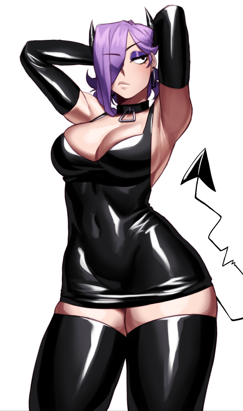 1girl absurdres black_dress black_eyes black_gloves black_thighhighs borrowed_character breasts choker cleavage closed_mouth dangle_earrings demon_girl demon_horns demon_tail dress earrings elbow_gloves eyeshadow gloves highres horns jewelry large_breasts liz_(gingrjoke) looking_at_viewer makeup original purple_eyeshadow purple_hair shiny_clothes solo sotcho tail thighhighs