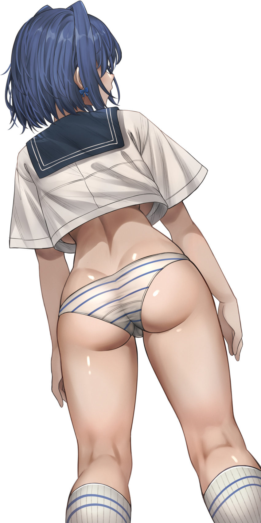 1girl absurdres ass blue_hair breasts butt_crack hair_between_eyes highres hololive hololive_english honkivampy large_breasts looking_to_the_side medium_hair ouro_kronii panties ribbon_earrings school_uniform solo striped striped_panties underboob underwear virtual_youtuber white_panties