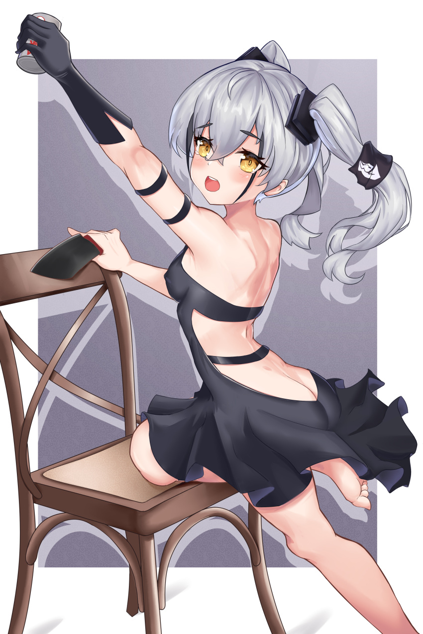 1girl absurdres arm_up ass back back_cutout bare_shoulders barefoot black_armband black_dress black_gloves black_hair blush border breasts can chair chinese_commentary clothing_cutout commentary_request crossed_bangs destroyer_(girls'_frontline) dress feet foot_out_of_frame girls'_frontline gloves hair_between_eyes hair_ornament hair_tubes highres holding holding_can long_hair looking_at_viewer looking_back medium_breasts multicolored_hair mz_(yeye_ai_chipao_mian) on_chair open_mouth purple_background sangvis_ferri sideboob single_glove solo streaked_hair tears teeth toes twintails upper_teeth_only white_border white_hair yellow_eyes