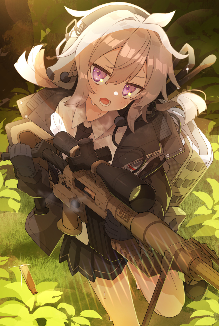 1girl ahoge backpack bag bipod black_footwear black_gloves black_necktie blush bolt_action brown_jacket casing_ejection cheytac_m200 ear_protection fuji_tarawi girls'_frontline gloves grass grey_hair gun hair_between_eyes highres holding holding_gun holding_weapon jacket low_ponytail m200_(girls'_frontline) necktie open_mouth plant purple_eyes rifle scope shell_casing shirt skirt sniper_rifle solo standing sweat weapon white_shirt