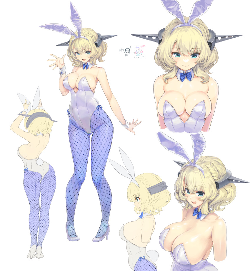 1girl absurdres animal_ears ass bare_legs blonde_hair blue_bow blue_bowtie blue_eyes bow bowtie breasts cleavage colorado_(kancolle) commentary_request commission cowboy_shot detached_collar headgear highres kantai_collection kiyama_satoshi large_breasts leotard looking_at_viewer multiple_views playboy_bunny rabbit_ears rabbit_tail short_hair side-tie_leotard simple_background skeb_commission smile standing strapless strapless_leotard tail upper_body white_background white_footwear white_leotard wrist_cuffs