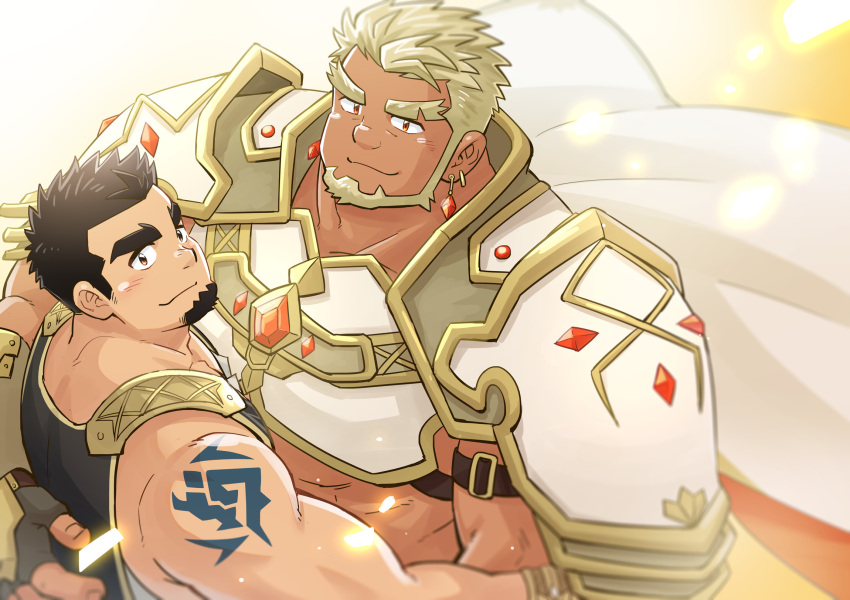 2boys arm_around_waist armor bara bare_shoulders black_hair blonde_hair blush breastplate brown_eyes couple crave_saga dark-skinned_male dark_skin earrings excalibur_(crave_saga) eyebrow_cut facial_hair forked_eyebrows from_above goatee highres jewelry knight male_focus multiple_boys muscular muscular_male pauldrons protagonist_(crave_saga) short_hair shoulder_armor shoulder_tattoo sideburns sleeveless suv_(suv032) tattoo textless_version thick_eyebrows yaoi