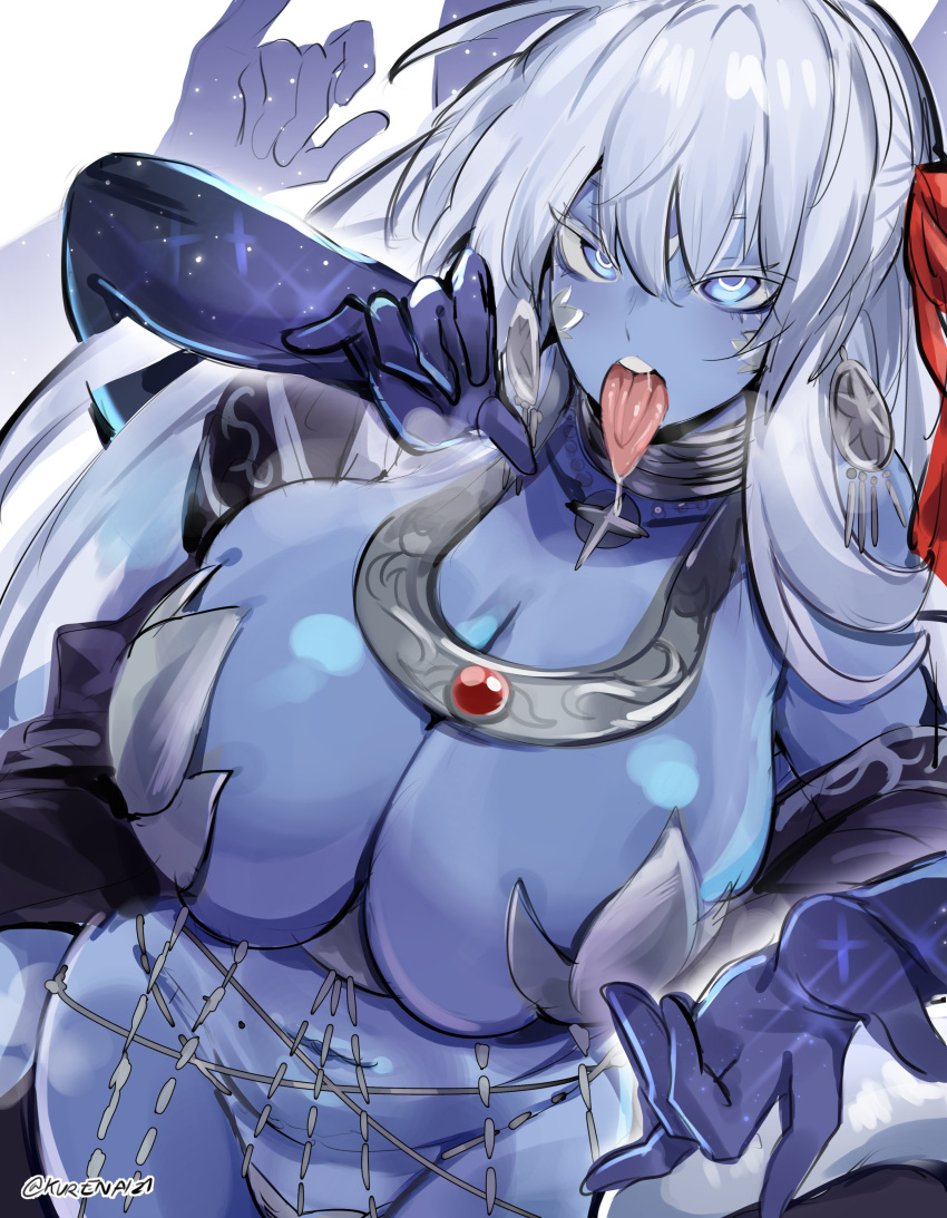 1girl absurdres blue_eyes blue_skin breasts breath colored_skin commentary drooling earrings english_commentary extra_arms fate/grand_order fate_(series) fellatio_gesture hair_ribbon highres huge_breasts jewelry kali_(fate) kurenaiz1 long_hair long_tongue looking_at_viewer navel open_mouth red_ribbon revealing_clothes ribbon saliva saliva_drip sexually_suggestive solo stomach teeth tongue tongue_out twitter_username upper_teeth_only very_long_hair white_hair